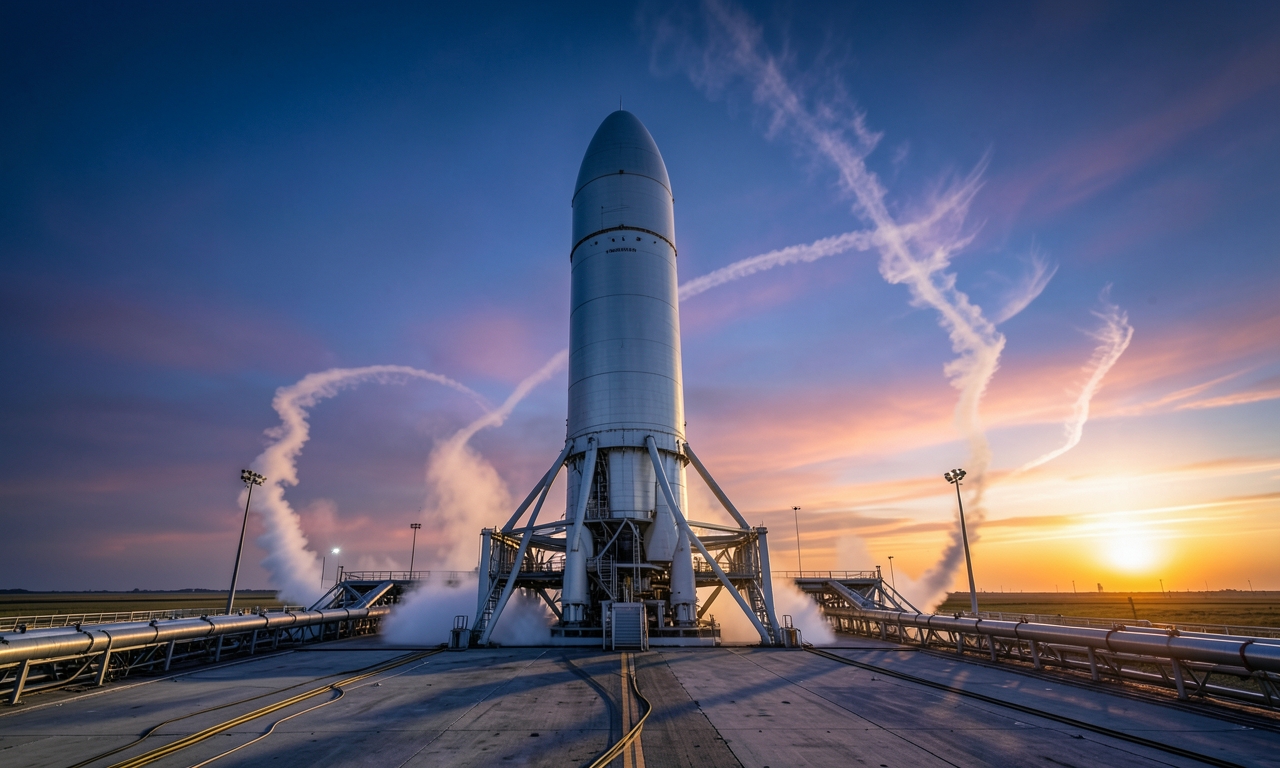 Super Heavy Booster at Pad Ahead of First Orbital Starship Launch